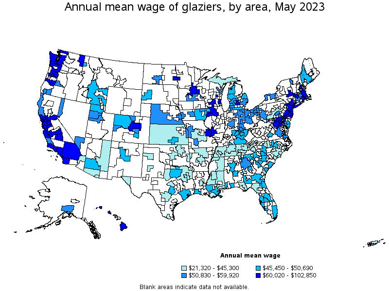 Map of annual mean wages of glaziers by area, May 2023