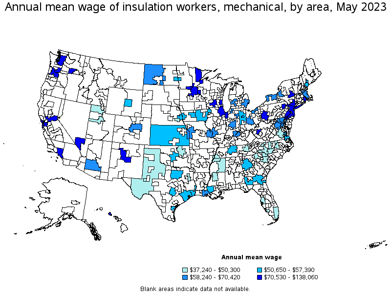 Map of annual mean wages of insulation workers, mechanical by area, May 2023