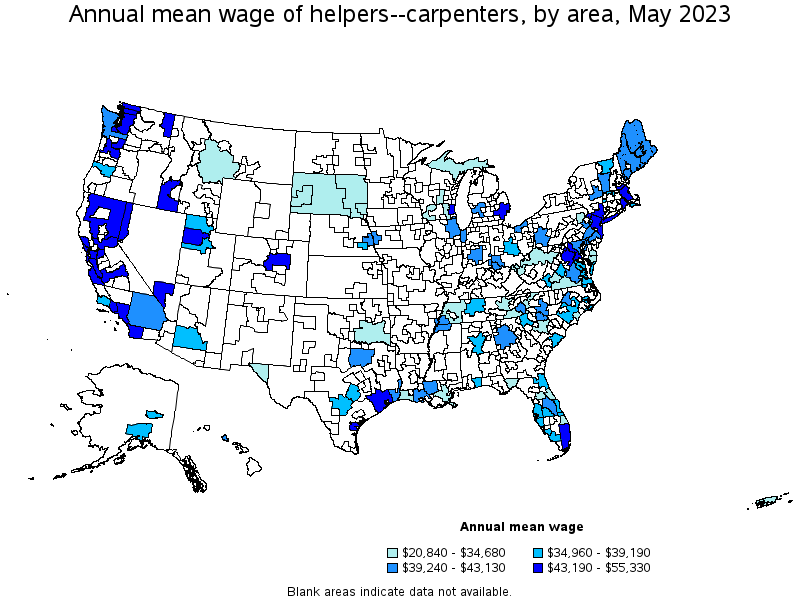 Map of annual mean wages of helpers--carpenters by area, May 2023