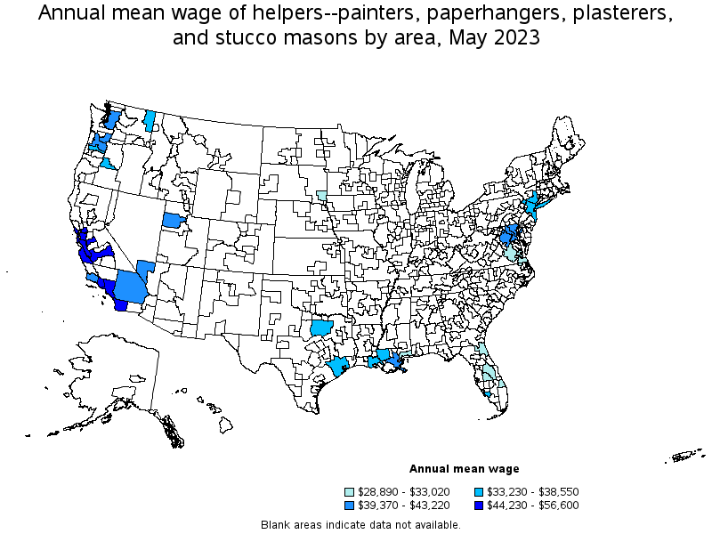 Map of annual mean wages of helpers--painters, paperhangers, plasterers, and stucco masons by area, May 2023