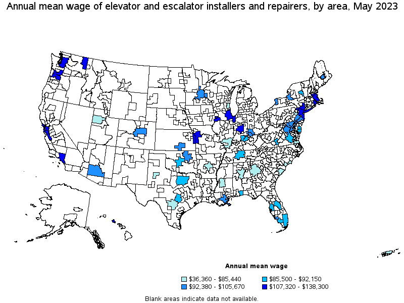 Map of annual mean wages of elevator and escalator installers and repairers by area, May 2023