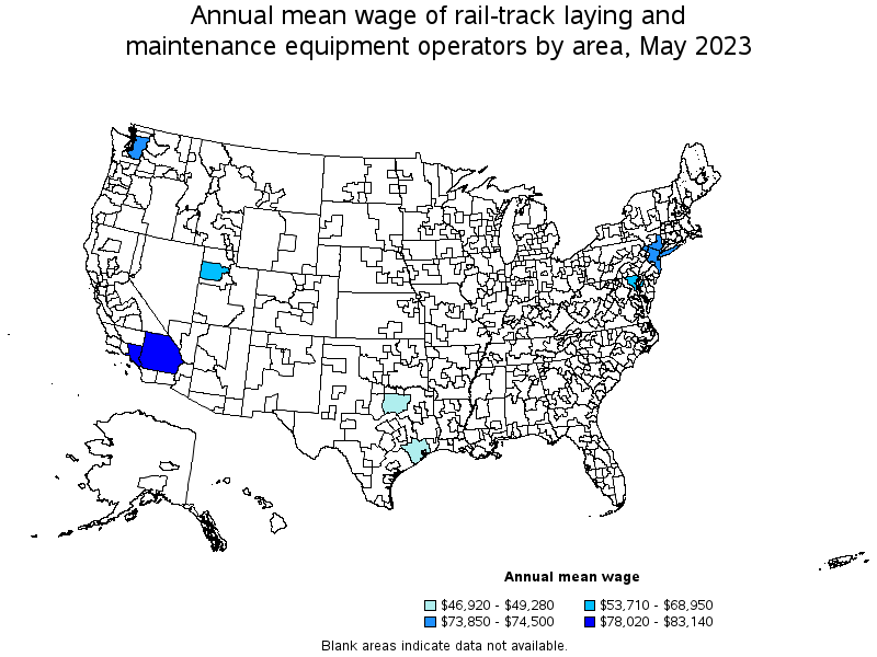 Map of annual mean wages of rail-track laying and maintenance equipment operators by area, May 2023