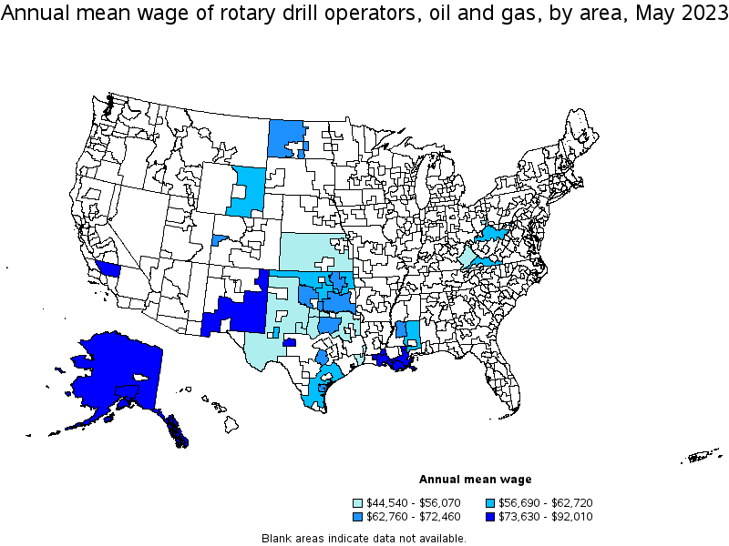 Map of annual mean wages of rotary drill operators, oil and gas by area, May 2023