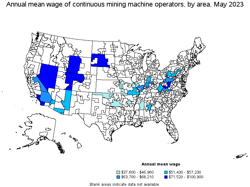 Map of annual mean wages of continuous mining machine operators by area, May 2023