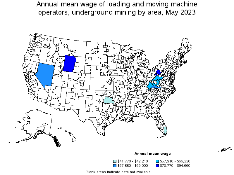 Map of annual mean wages of loading and moving machine operators, underground mining by area, May 2023