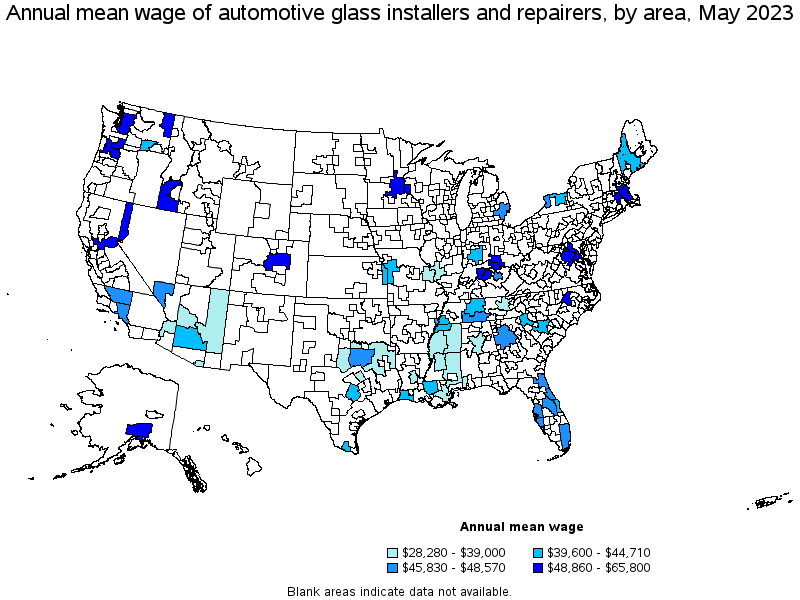 Map of annual mean wages of automotive glass installers and repairers by area, May 2023