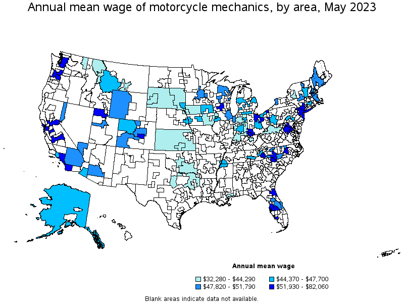 Map of annual mean wages of motorcycle mechanics by area, May 2023