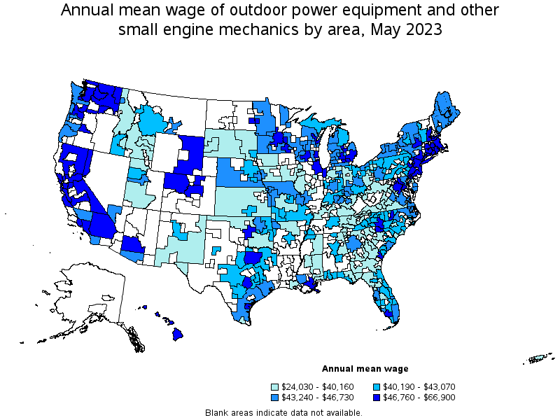 Map of annual mean wages of outdoor power equipment and other small engine mechanics by area, May 2023