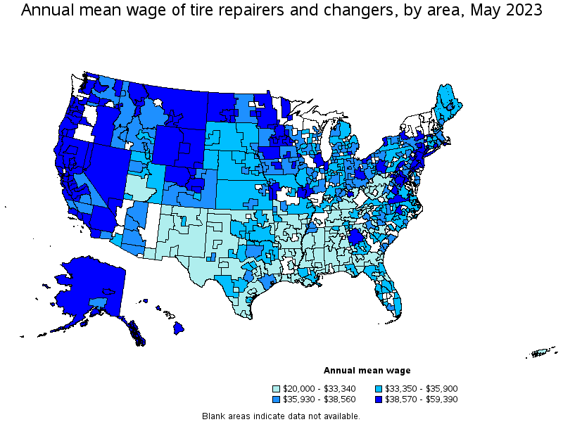 Map of annual mean wages of tire repairers and changers by area, May 2023