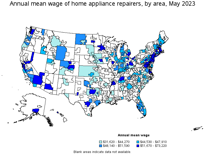 Map of annual mean wages of home appliance repairers by area, May 2023