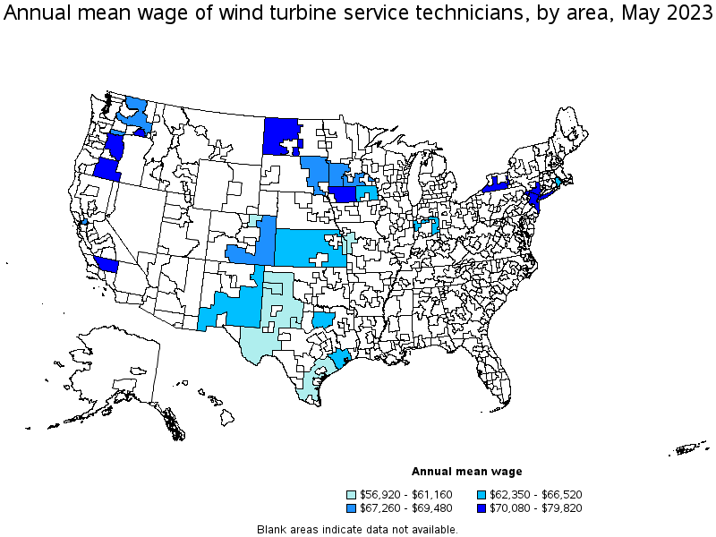 Map of annual mean wages of wind turbine service technicians by area, May 2023