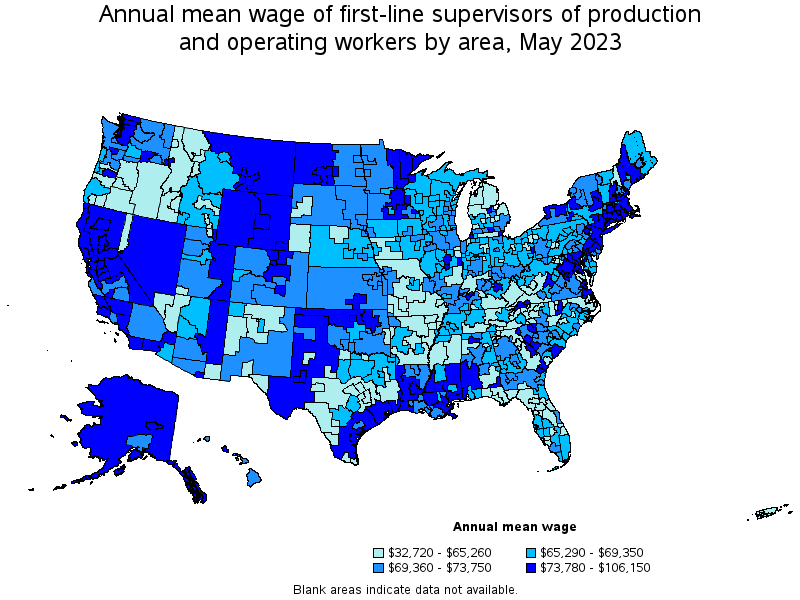 Map of annual mean wages of first-line supervisors of production and operating workers by area, May 2023