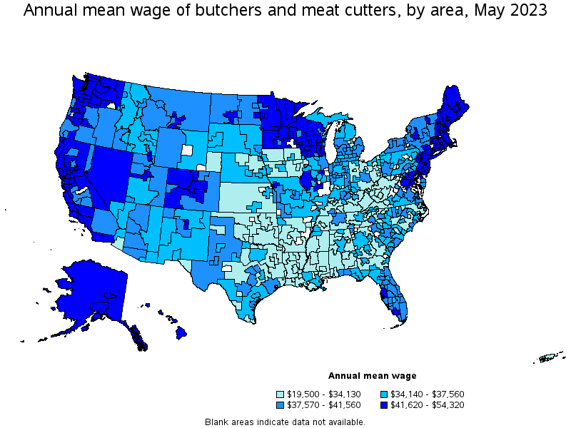 Map of annual mean wages of butchers and meat cutters by area, May 2023