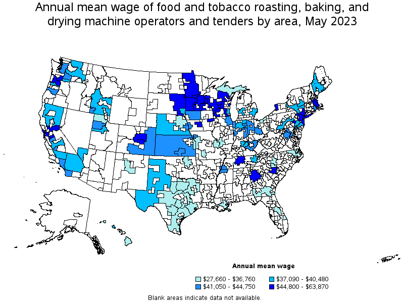 Map of annual mean wages of food and tobacco roasting, baking, and drying machine operators and tenders by area, May 2023