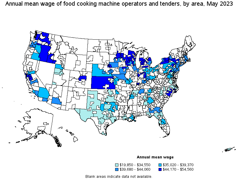 Map of annual mean wages of food cooking machine operators and tenders by area, May 2023