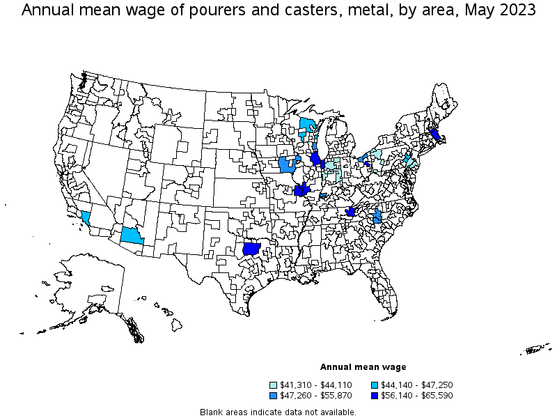 Map of annual mean wages of pourers and casters, metal by area, May 2023