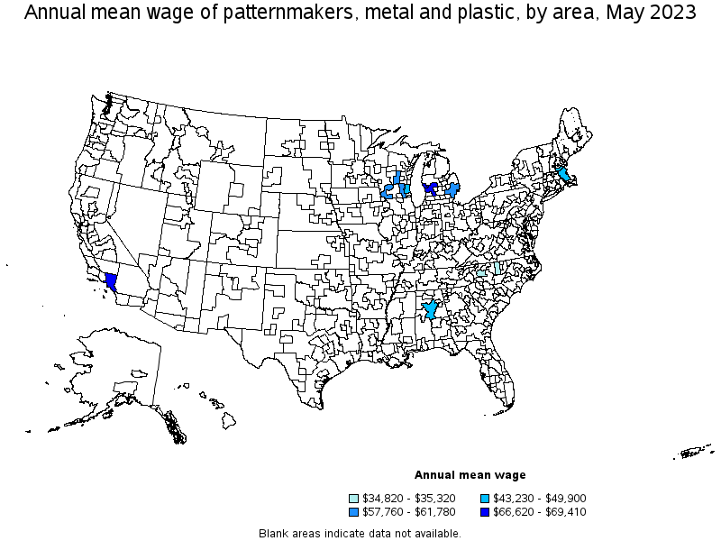 Map of annual mean wages of patternmakers, metal and plastic by area, May 2023