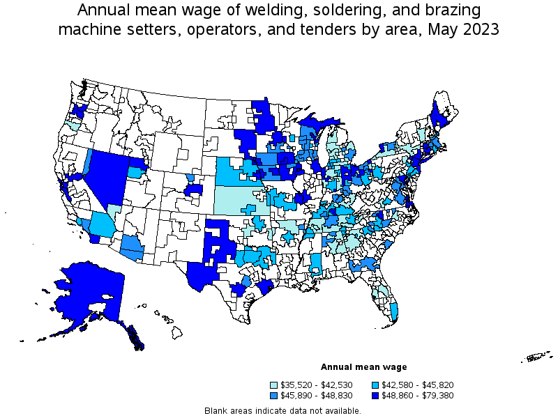 Map of annual mean wages of welding, soldering, and brazing machine setters, operators, and tenders by area, May 2023