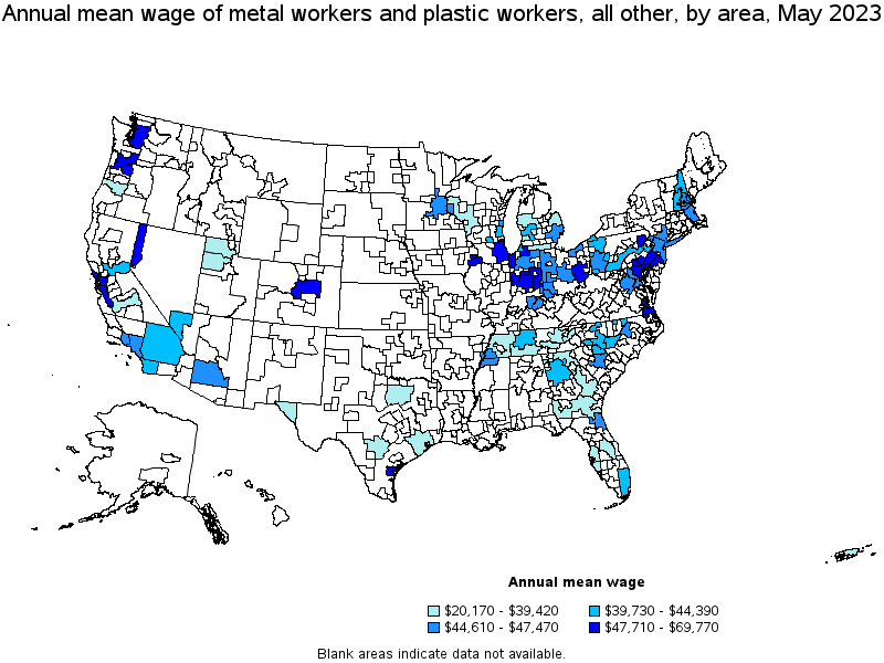 Map of annual mean wages of metal workers and plastic workers, all other by area, May 2023