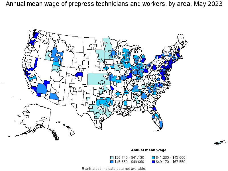 Map of annual mean wages of prepress technicians and workers by area, May 2023