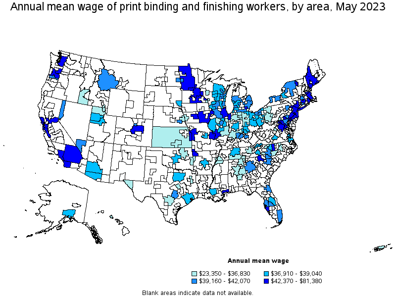 Map of annual mean wages of print binding and finishing workers by area, May 2023