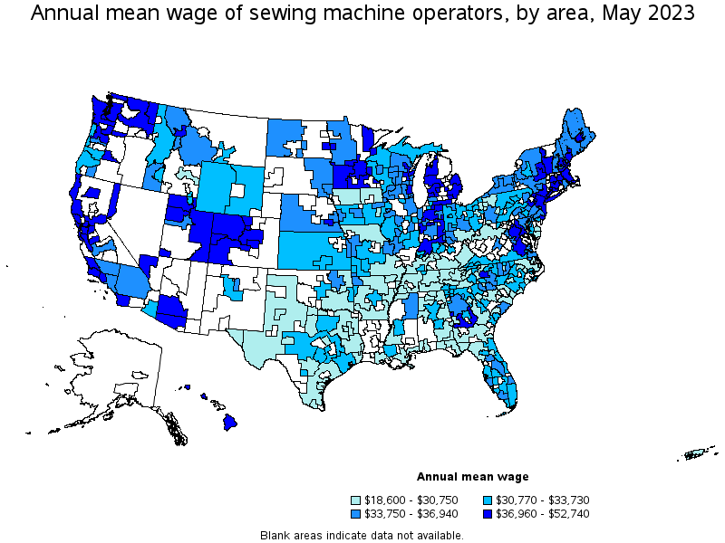 Map of annual mean wages of sewing machine operators by area, May 2023