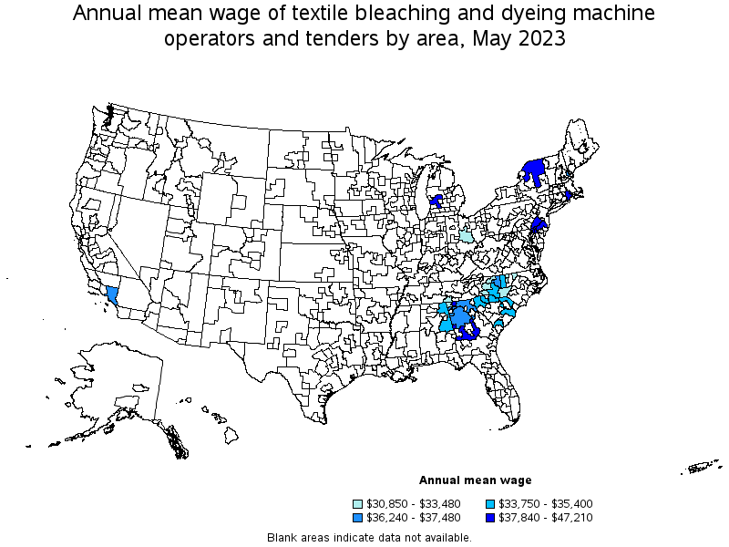 Map of annual mean wages of textile bleaching and dyeing machine operators and tenders by area, May 2023