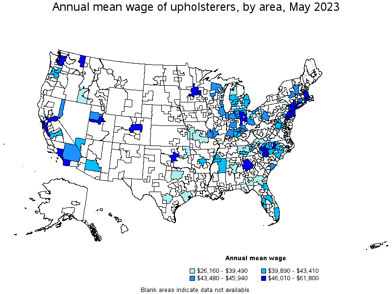 Map of annual mean wages of upholsterers by area, May 2023