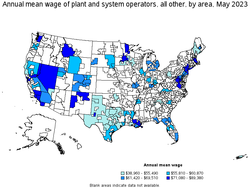 Map of annual mean wages of plant and system operators, all other by area, May 2023