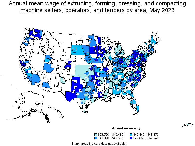 Map of annual mean wages of extruding, forming, pressing, and compacting machine setters, operators, and tenders by area, May 2023