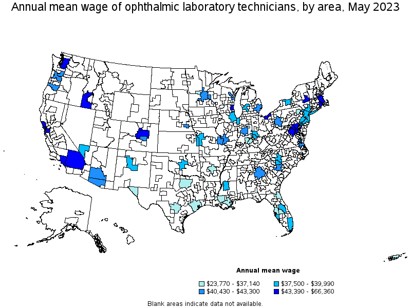 Map of annual mean wages of ophthalmic laboratory technicians by area, May 2023