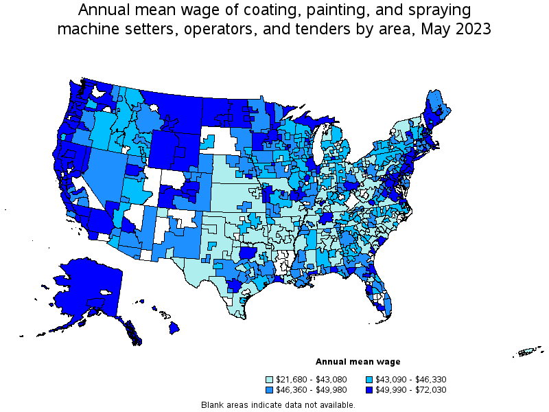 Map of annual mean wages of coating, painting, and spraying machine setters, operators, and tenders by area, May 2023
