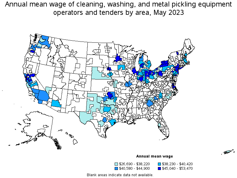 Map of annual mean wages of cleaning, washing, and metal pickling equipment operators and tenders by area, May 2023