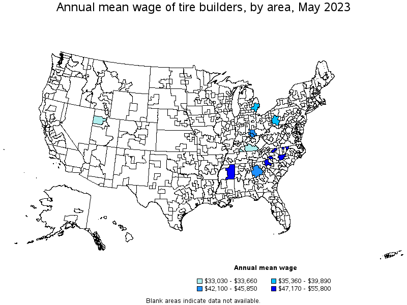 Map of annual mean wages of tire builders by area, May 2023