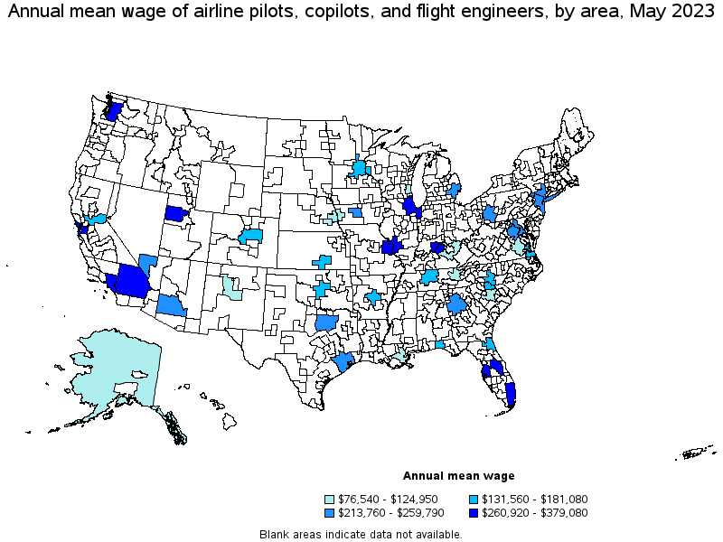 Map of annual mean wages of airline pilots, copilots, and flight engineers by area, May 2023