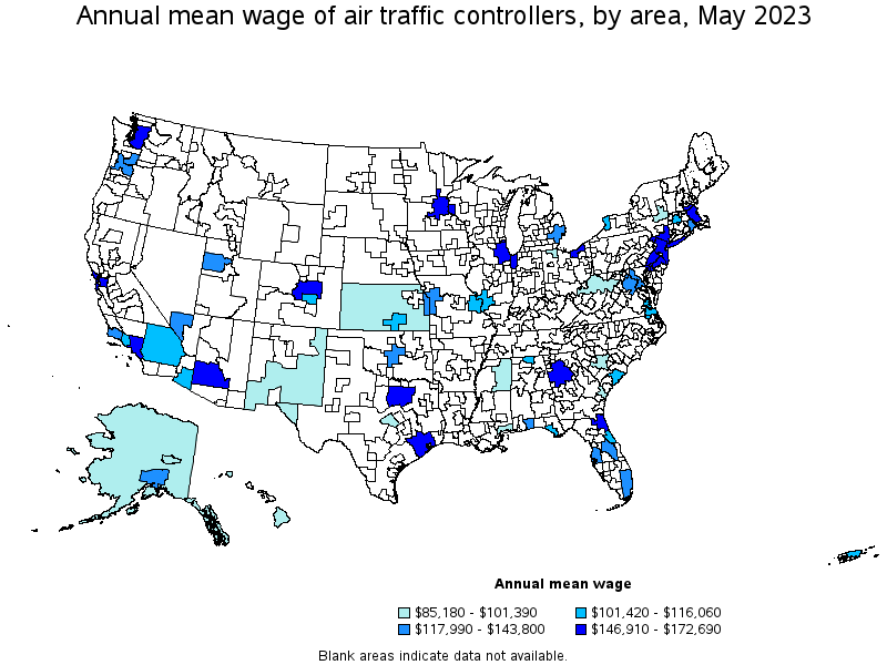 Map of annual mean wages of air traffic controllers by area, May 2023