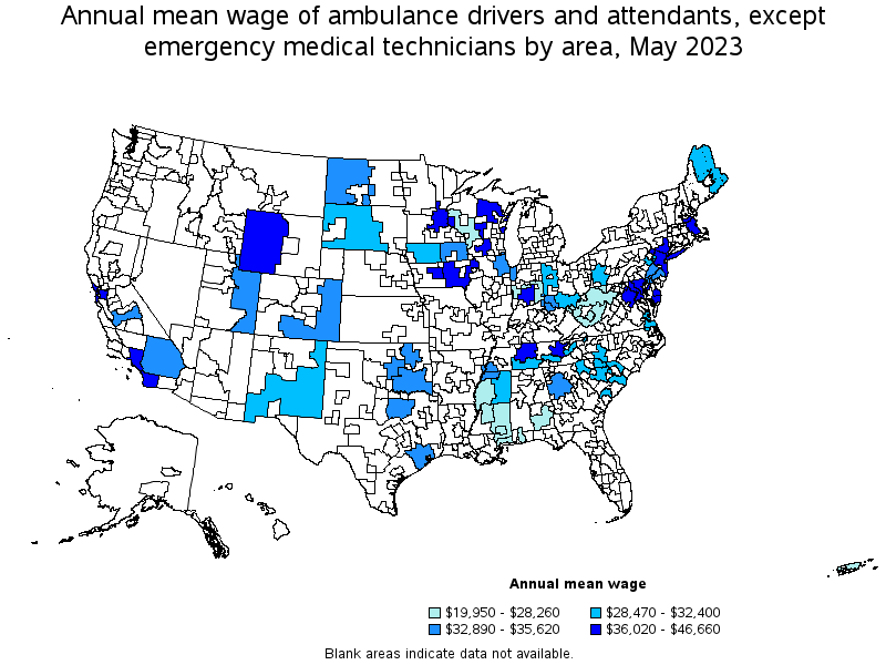 Map of annual mean wages of ambulance drivers and attendants, except emergency medical technicians by area, May 2023