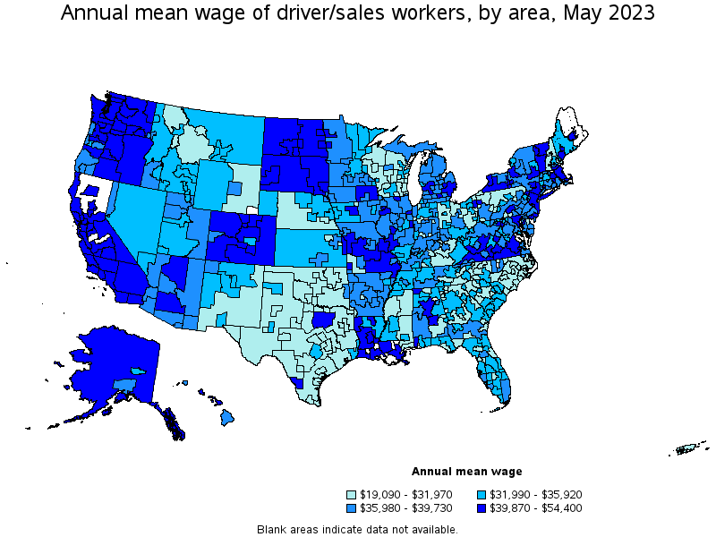 Map of annual mean wages of driver/sales workers by area, May 2022