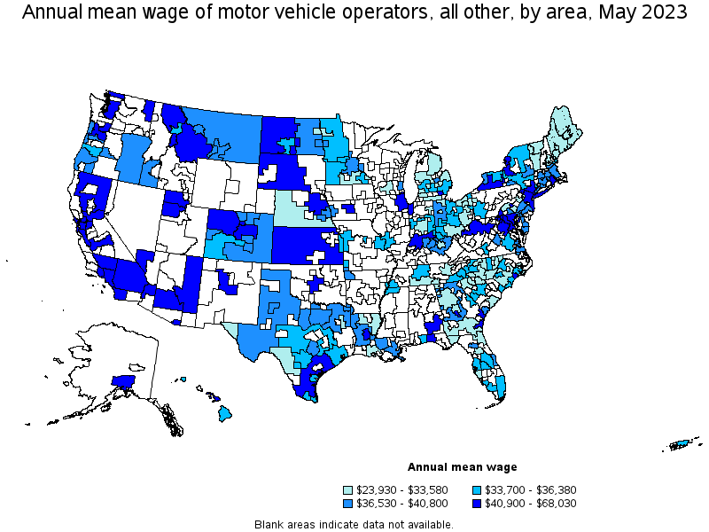 Map of annual mean wages of motor vehicle operators, all other by area, May 2023