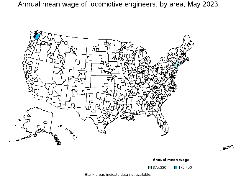 Map of annual mean wages of locomotive engineers by area, May 2023