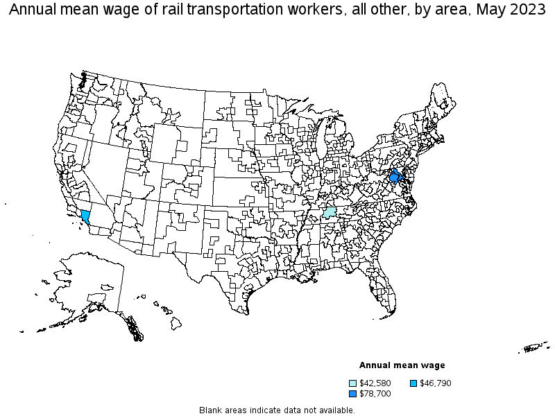 Map of annual mean wages of rail transportation workers, all other by area, May 2023