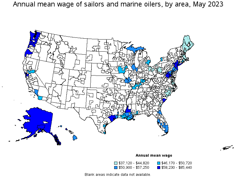 Map of annual mean wages of sailors and marine oilers by area, May 2023
