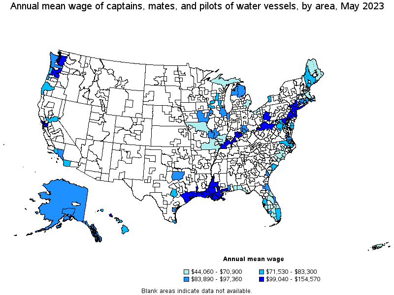 Map of annual mean wages of captains, mates, and pilots of water vessels by area, May 2023