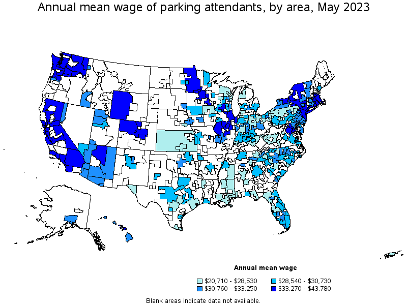 Map of annual mean wages of parking attendants by area, May 2023