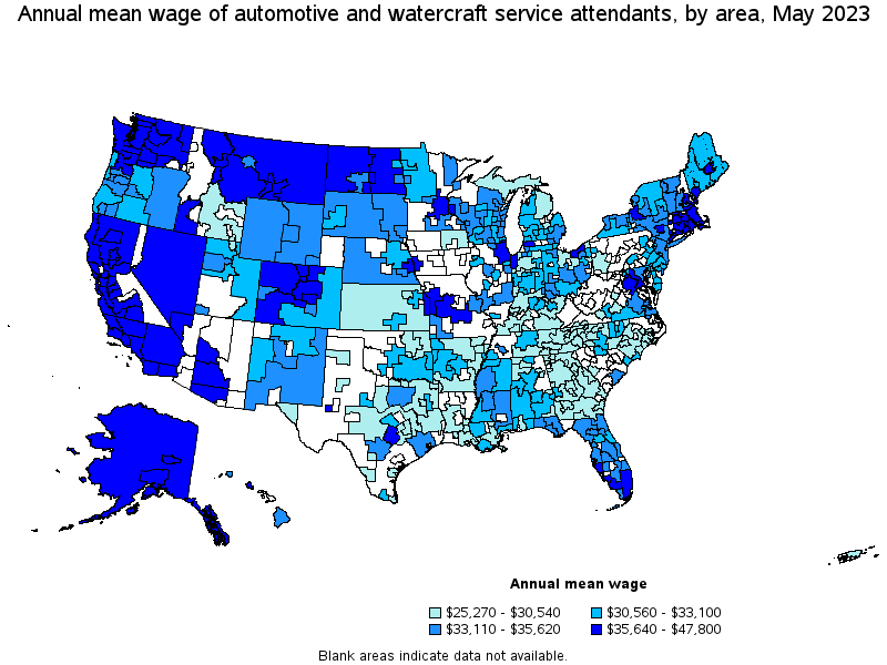 Map of annual mean wages of automotive and watercraft service attendants by area, May 2023