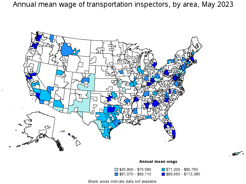 Map of annual mean wages of transportation inspectors by area, May 2023
