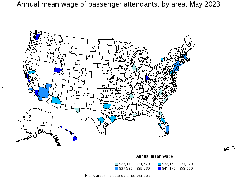 Map of annual mean wages of passenger attendants by area, May 2023