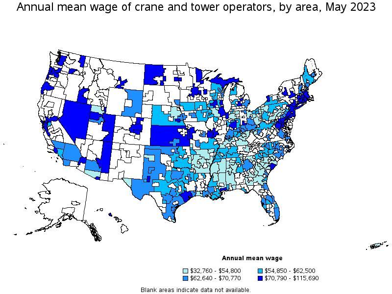 Map of annual mean wages of crane and tower operators by area, May 2023