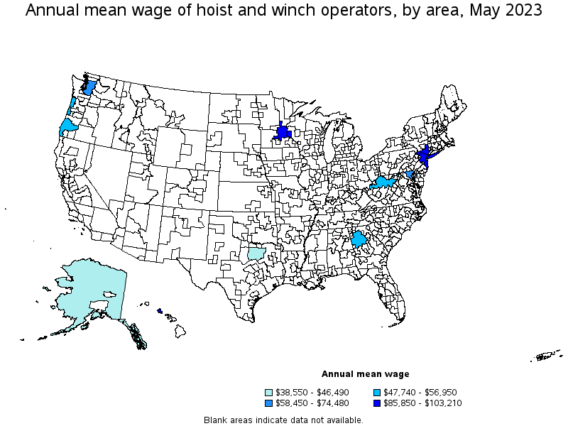 Map of annual mean wages of hoist and winch operators by area, May 2023