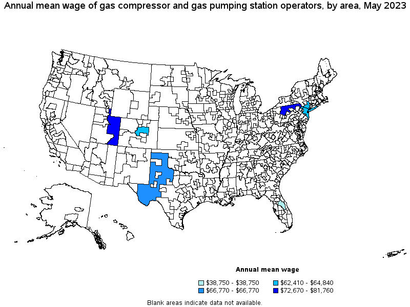 Map of annual mean wages of gas compressor and gas pumping station operators by area, May 2023